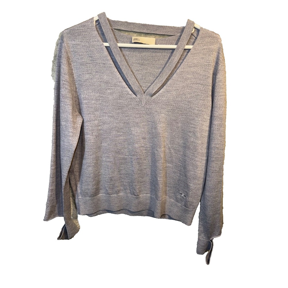 TORY BURCH womens Large Wool-Blend Knit gray Sweater cut outs grunge hip hop